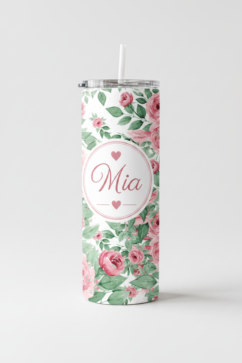 Personalised Pink Rose Floral Tumbler – Add Your Name | 20oz