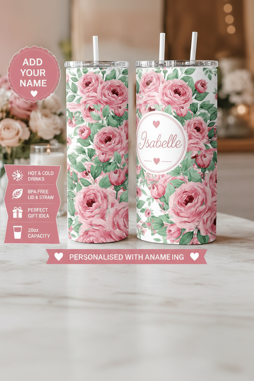 Personalised Pink Rose Floral Tumbler – Add Your Name | 20oz