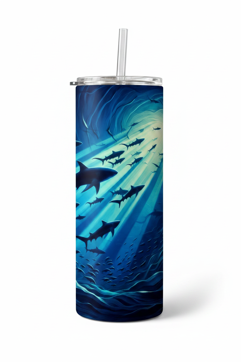 A tall insulated tumbler with a clear straw and clear lid, featuring an underwater shark design in shades of blue, teal, and black, shown on a white background.