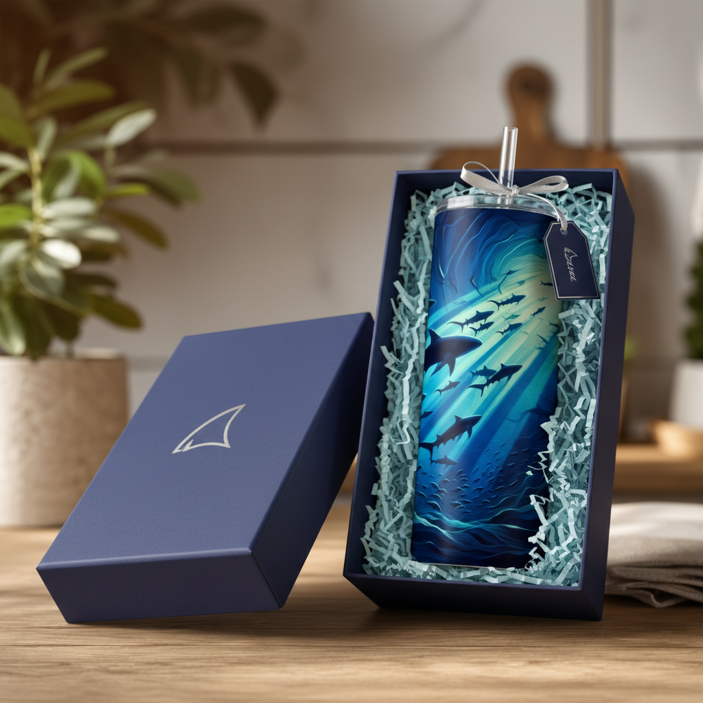 A navy blue gift box set with a shark-themed insulated tumbler. The tumbler features a vibrant blue and teal underwater graphic with swimming sharks, complete with a clear lid and straw.