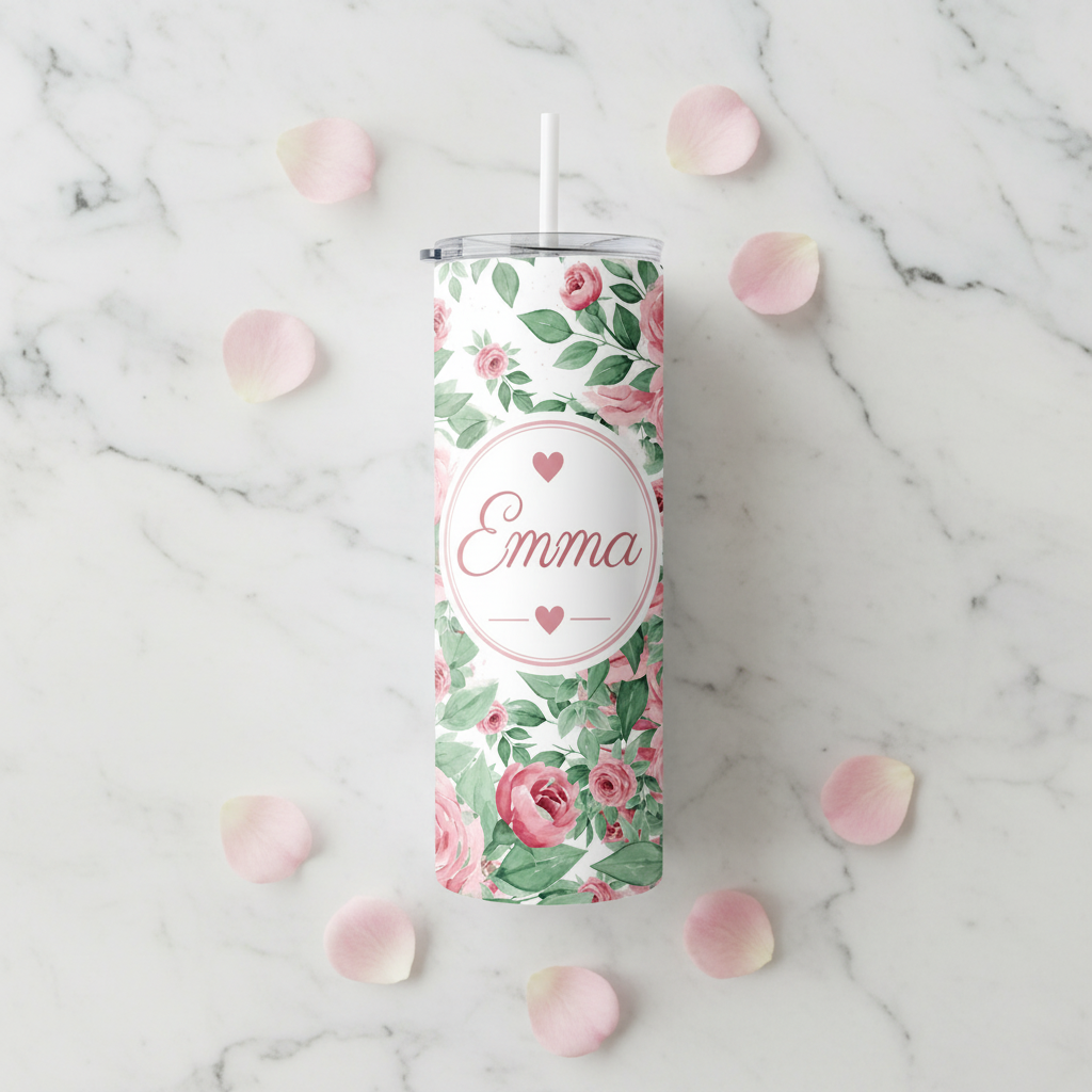 Personalised Pink Rose Floral Tumbler – Add Your Name | 20oz