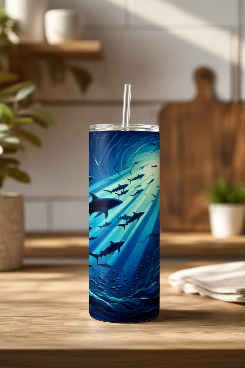 A tall insulated tumbler with a clear lid and straw stands on a wooden countertop. The tumbler has a blue underwater design with shark silhouettes and light rays filtering through the water.