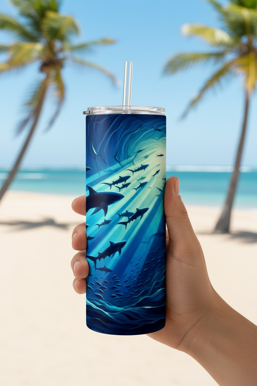 A hand holding a tall insulated tumbler with a clear lid and straw, printed with a blue ocean scene featuring sharks and sun rays, against a blurred beach background with palm trees.