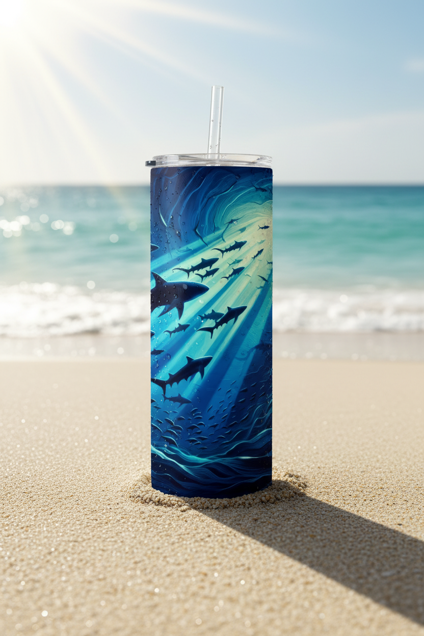 A tall insulated tumbler with a clear straw stands on a sandy beach with the ocean and bright sun in the background. The tumbler features a wraparound shark underwater scene in deep blue, teal, and light blue tones.