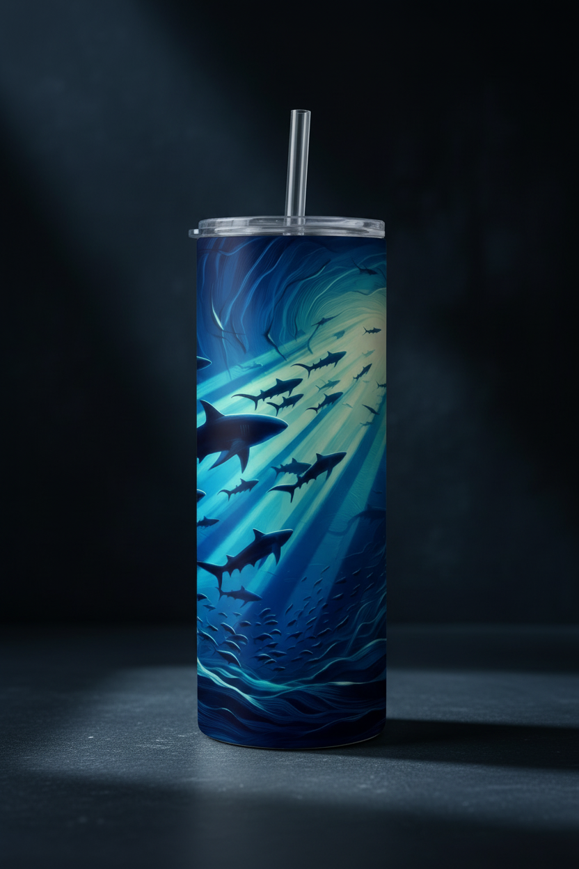 A tall insulated tumbler with a clear lid and straw, featuring a printed underwater design with sharks and blue light rays, set against a dark studio background.