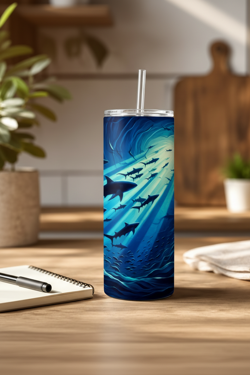 A tall insulated tumbler with a clear lid and straw, featuring a blue underwater shark design, standing on a wooden tabletop in a softly blurred kitchen setting.
