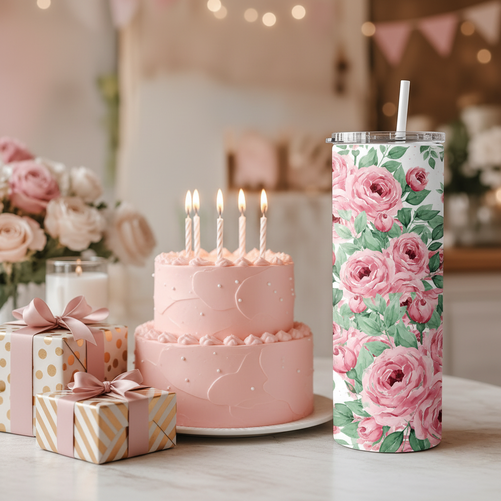 Personalised Pink Rose Floral Tumbler – Add Your Name | 20oz