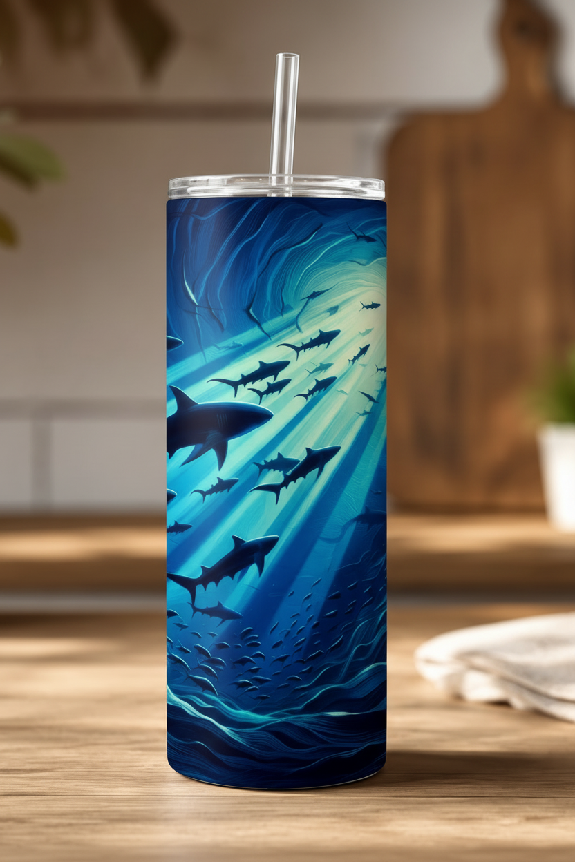 A tall insulated tumbler with a clear lid and straw, featuring a printed underwater scene with sharks and sunbeams in blue tones, set on a wooden surface in a blurred kitchen environment.