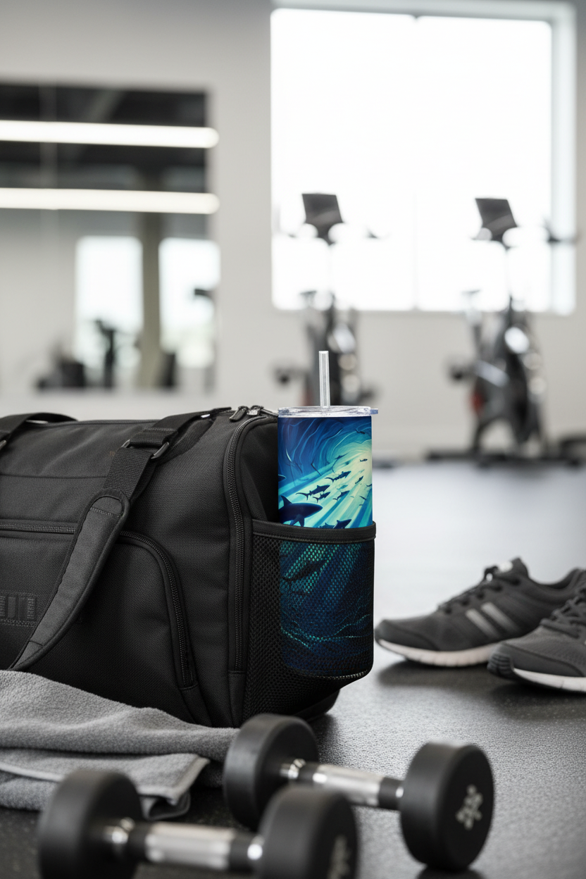 A black gym duffel bag sits on a gym floor with a reusable tumbler cup in its side pocket. The cup has a blue and green abstract pattern and a clear lid.