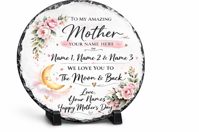 Personalised Mother slate circle we love you to the moon and back floral design