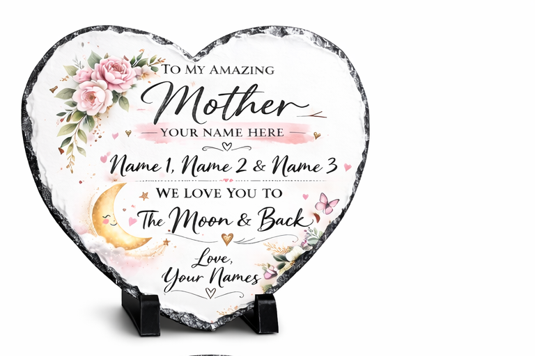 Personalised Mother heart slate keepsake floral moon and back personalised