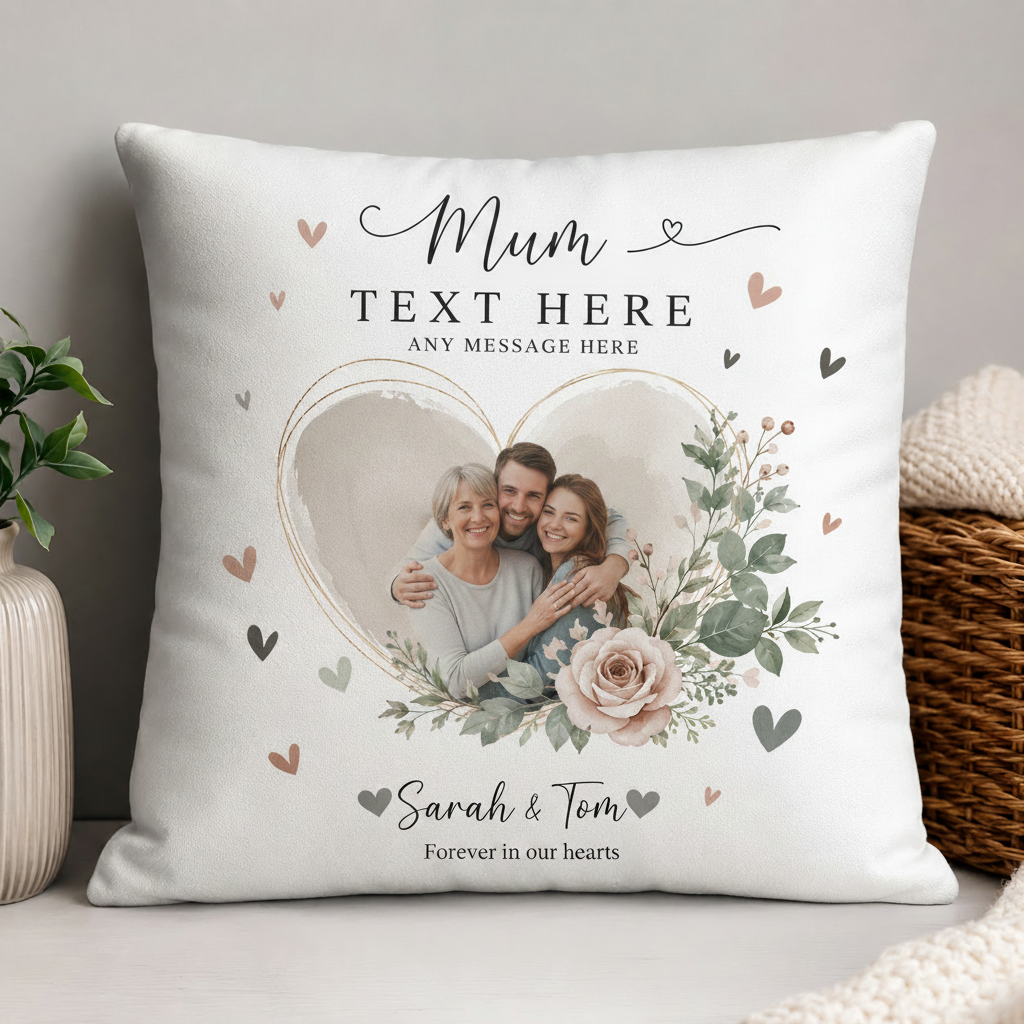 A square white throw pillow with a custom photo of a family inside a heart outline, surrounded by floral illustrations and placeholder text for 'Mum' and 'Sarah & Tom', styled on a light gray surface with a plant and basket in the background.