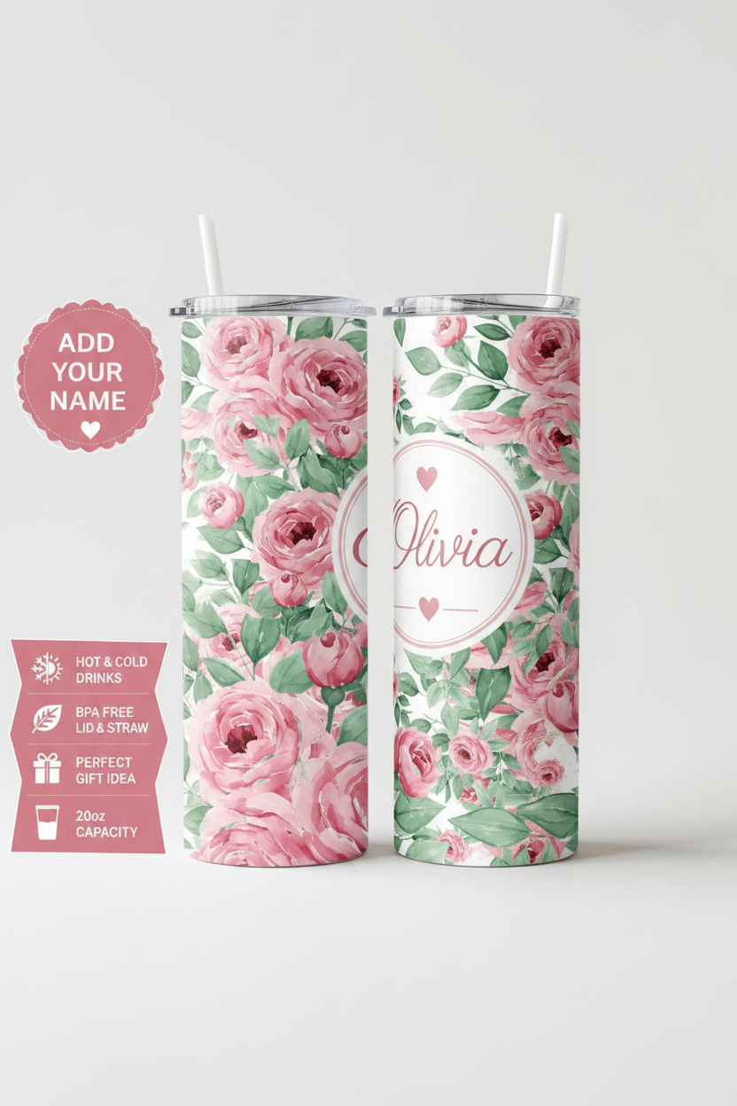 Personalised Pink Rose Floral Tumbler – Add Your Name | 20oz