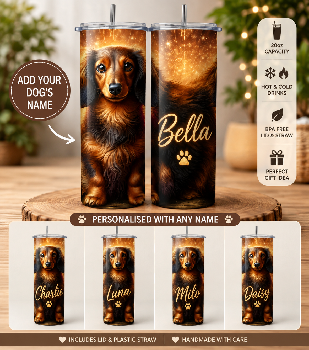 Personalised Dachshund Tumbler – Add Your Dog’s Name | 20oz