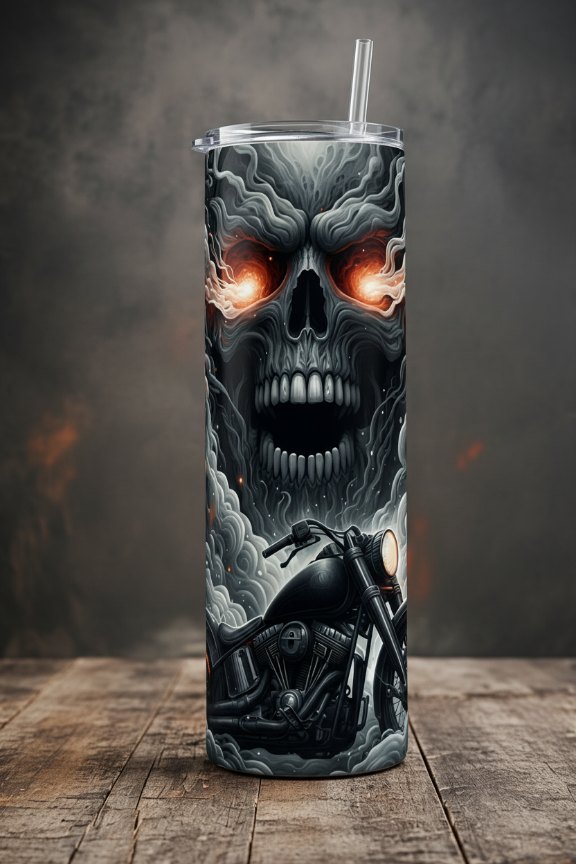 A tall insulated tumbler with a clear lid and straw, featuring a dark gothic graphic print of a skull with glowing orange eyes and a motorcycle at the bottom, set on a rustic wooden surface against a smoky gray background.