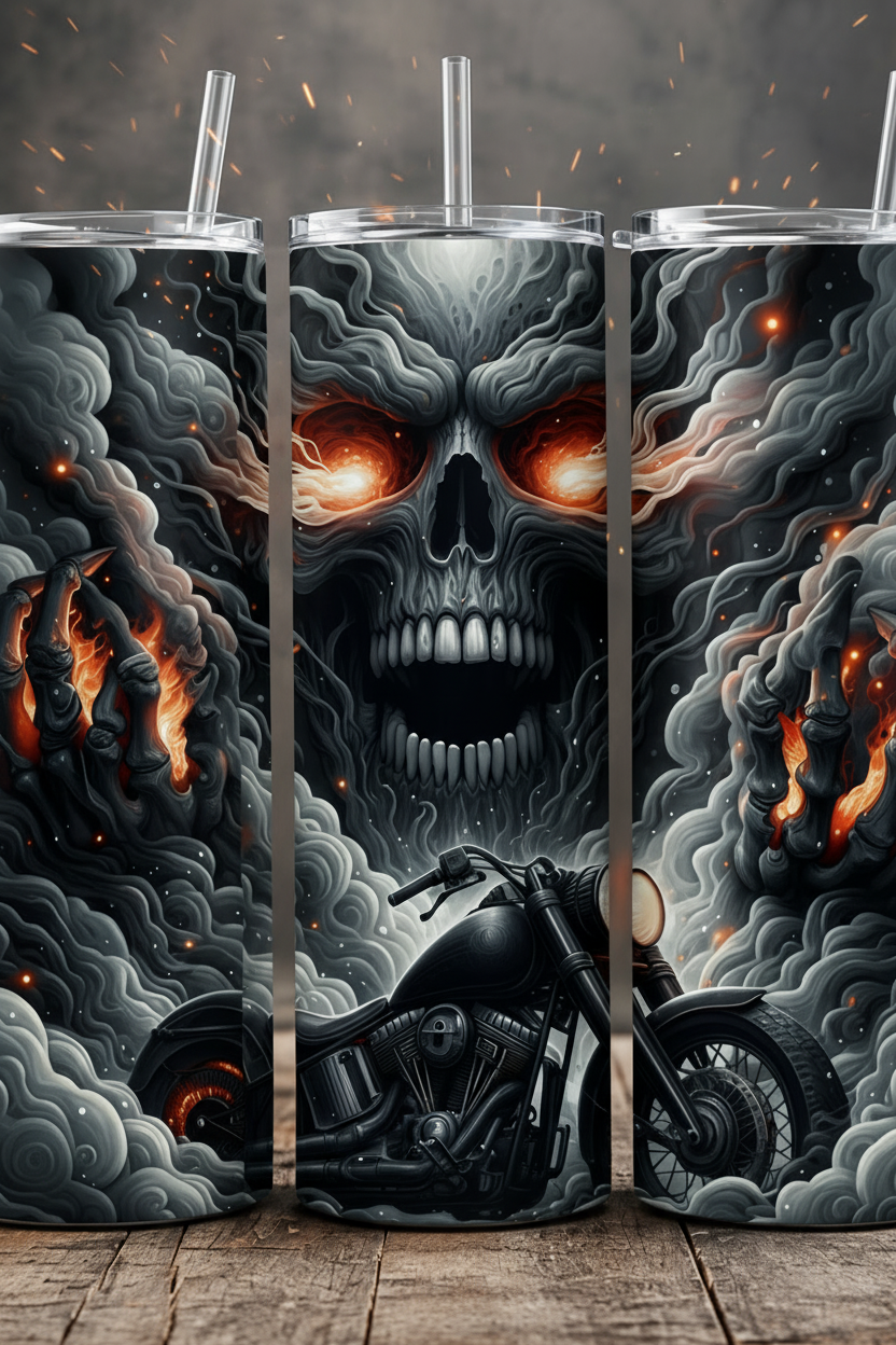 Three tall clear tumblers with clear straws stand on a wooden surface against a smoky dark background. The tumblers feature a dramatic graphic print with a large skull face, glowing orange eyes, swirling gray smoke, fire, and a black motorcycle.