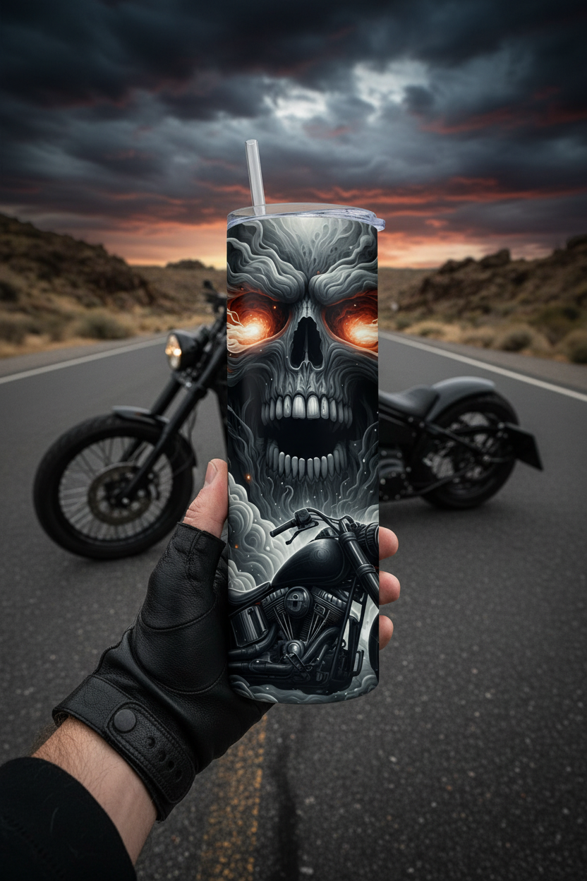 A hand in a black leather glove holds a tall insulated tumbler with a clear straw. The tumbler features a detailed graphic of a skull with glowing orange eyes and a motorcycle beneath it.
