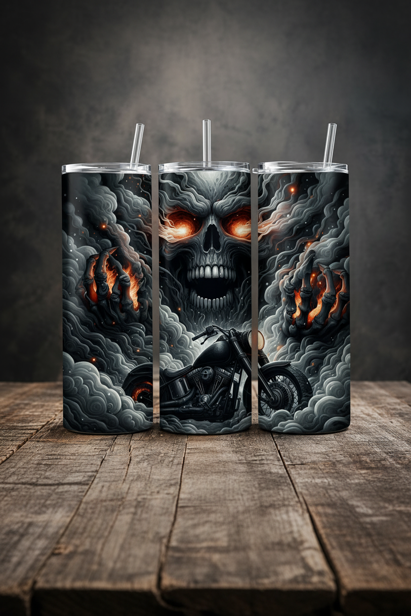 Three tall insulated tumblers with clear straws stand on a rustic wooden surface against a dark smoky backdrop. The tumblers feature a dramatic graphic print of a skull with glowing orange eyes, dark clouds, and a motorcycle.