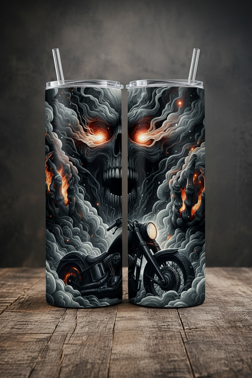 Two tall insulated tumblers with clear lids and straws, shown side by side on a rustic wooden surface against a dark gray studio background. The tumblers feature a dramatic wraparound graphic of a skull emerging from swirling smoke and flames, with a motorcycle near the bottom.