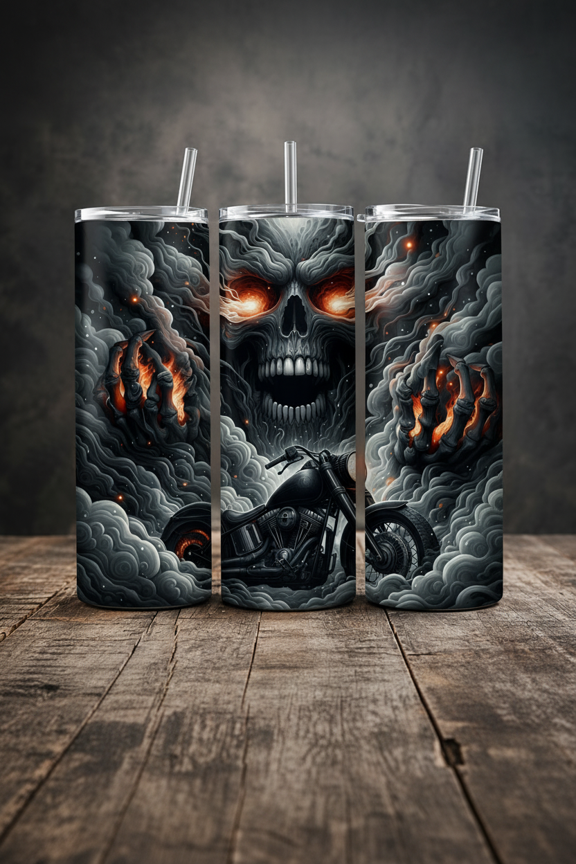 Three tall insulated tumblers with clear straws stand on a rustic wooden surface against a dark smoky background. The tumblers feature a dramatic black, gray, and white skull-and-motorcycle graphic with glowing orange eyes and flames.