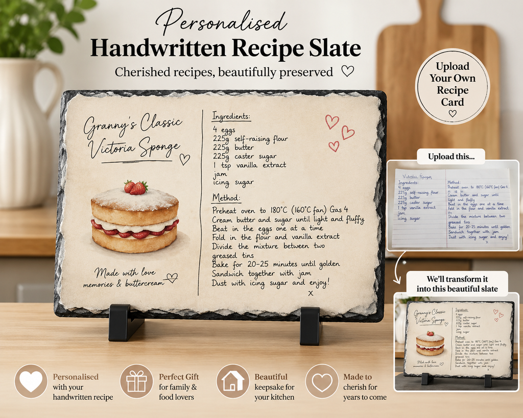 Personalised Handwritten Recipe Slate - landscape mockup showing Granny's Victoria Sponge recipe