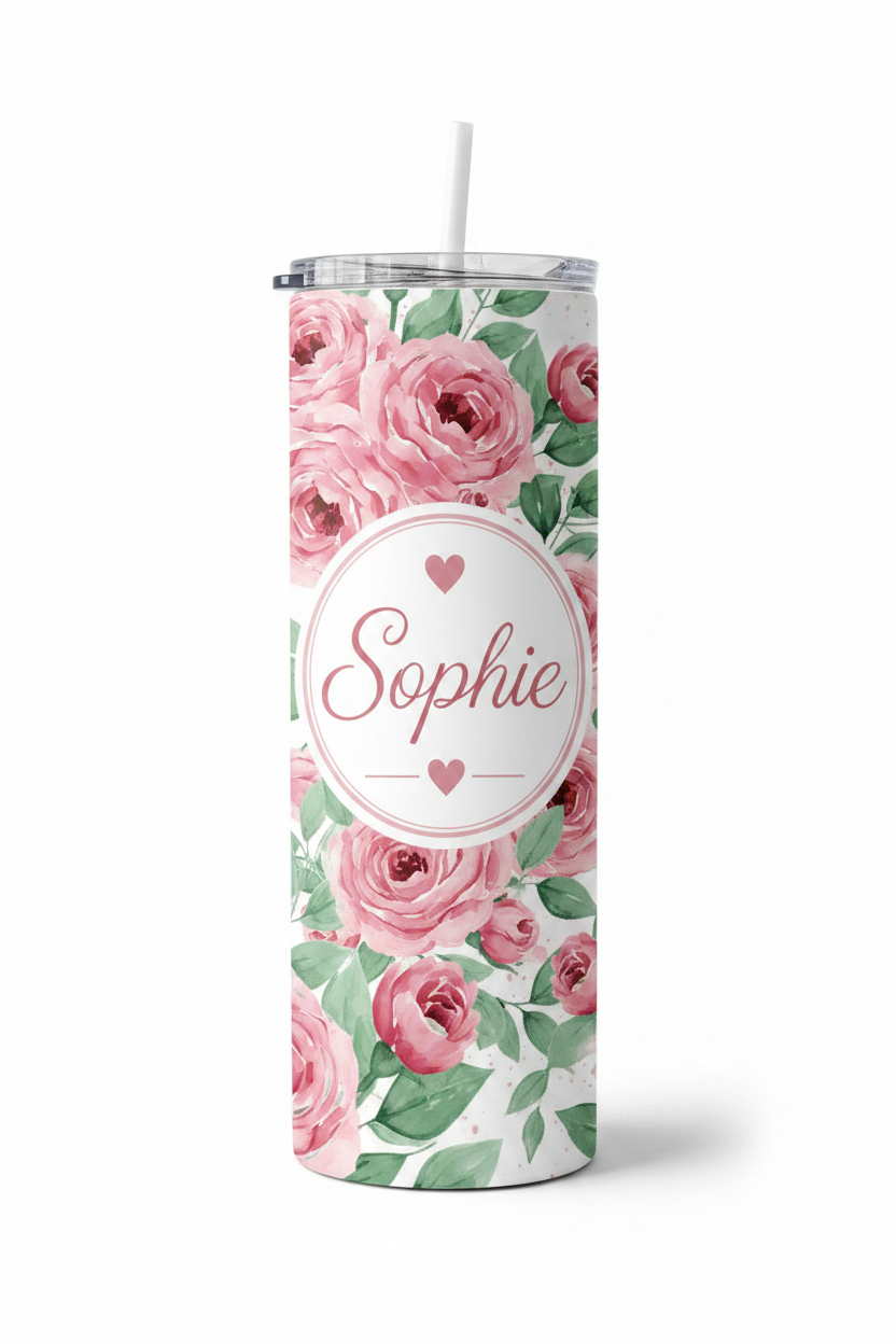 Personalised Pink Rose Floral Tumbler – Add Your Name | 20oz