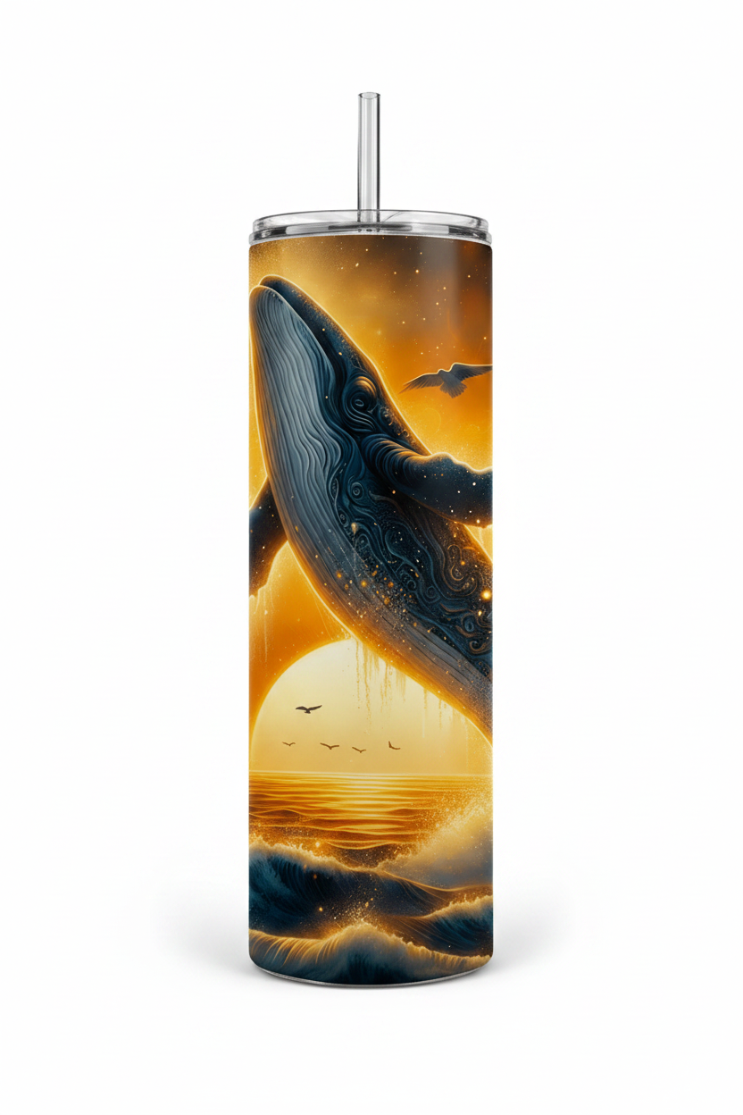 A tall insulated tumbler with a clear lid and straw, featuring a wraparound fantasy-style print of a large whale rising from glowing ocean waves at sunset, on a white background.