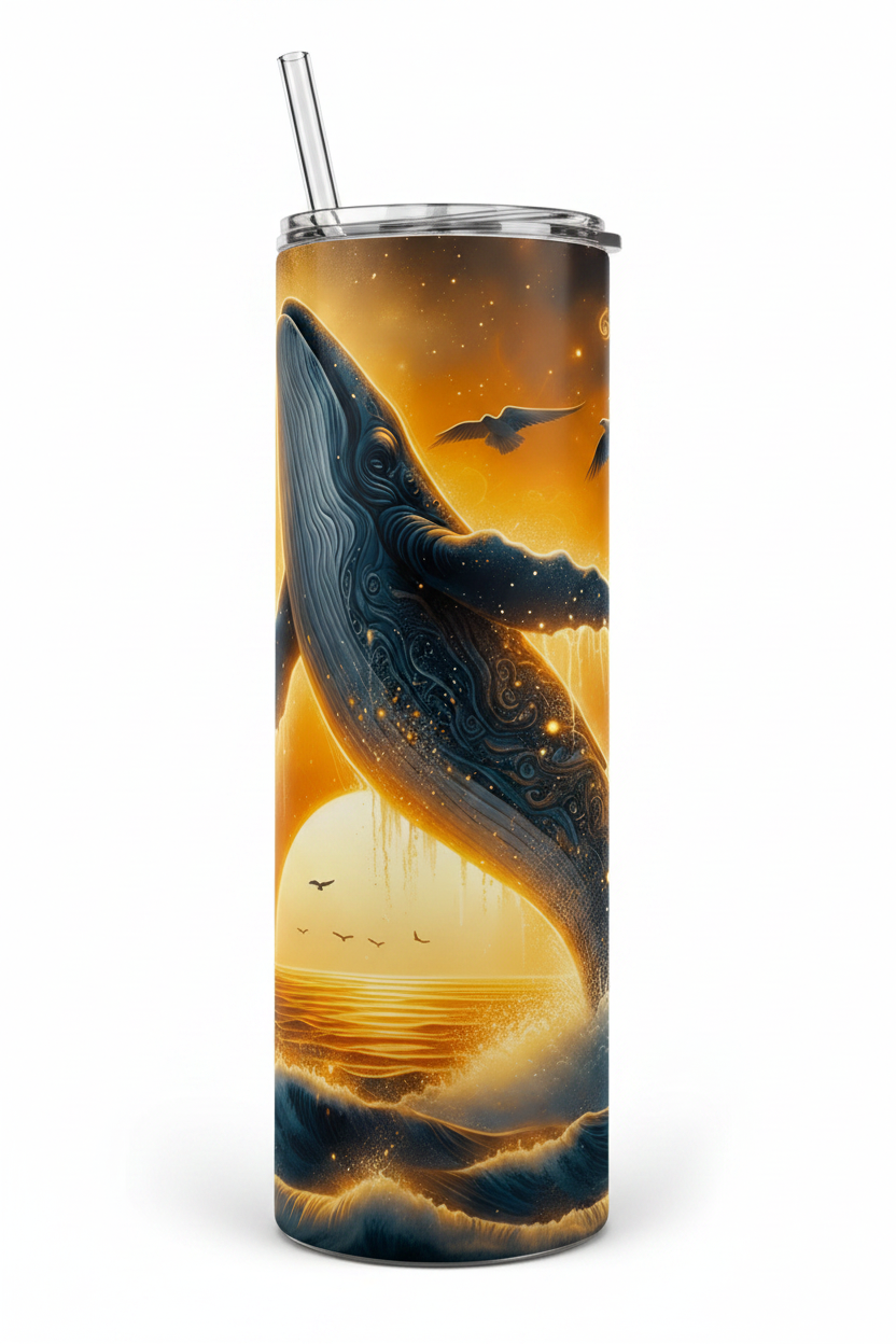 A tall insulated tumbler with a clear straw, featuring a detailed whale-and-sunset artwork printed around the exterior. The design shows a large whale rising from glowing ocean waves under a golden sun, with birds in the sky.