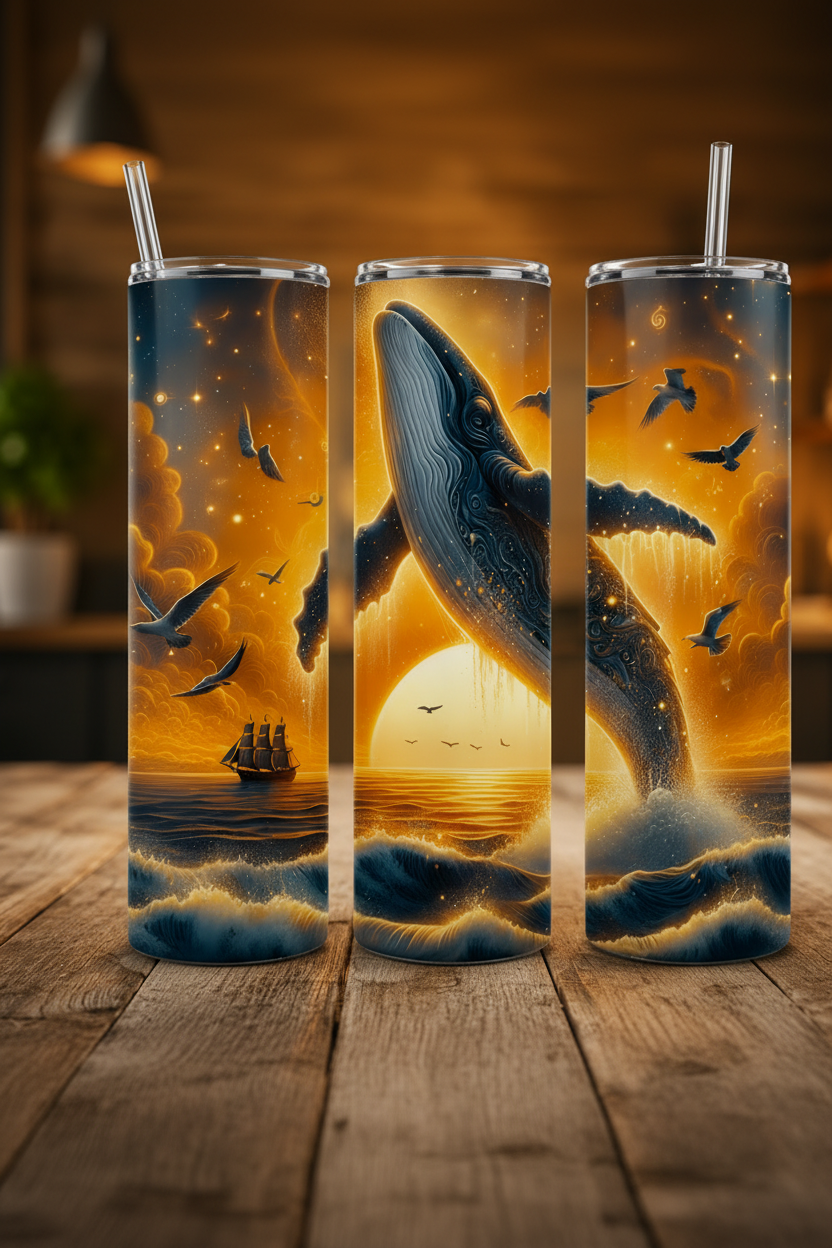 Three tall insulated tumblers with clear lids and metal straws, each printed with a dramatic ocean scene featuring a large whale rising from the water at sunset, birds, waves, and a ship. The tumblers are displayed on a wooden table against a warm, blurred indoor background.