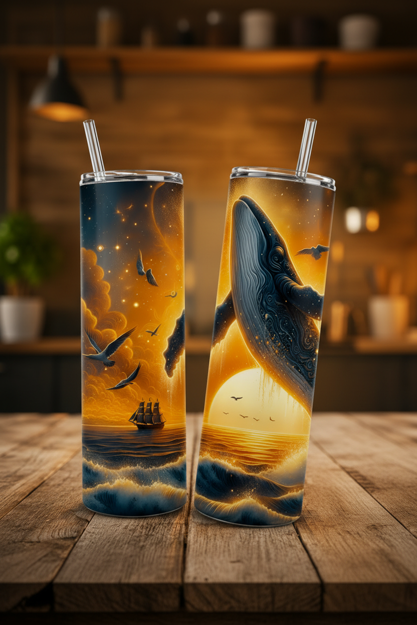 Two tall insulated tumblers with clear straws sit on a wooden table in a warmly lit kitchen setting. The tumblers feature a dramatic ocean-themed wrap design with a whale, ship, waves, and glowing sun in blue, gray, and golden yellow tones.