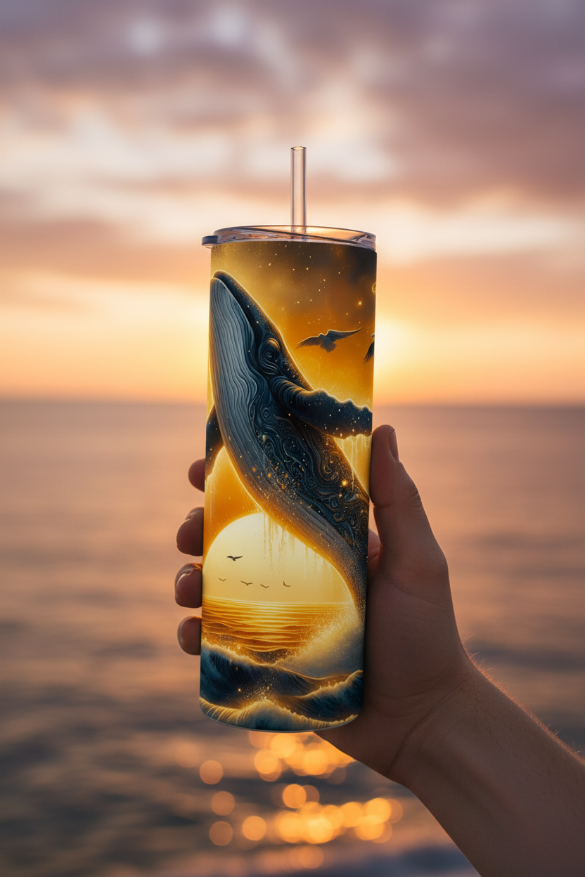 A hand holds a tall insulated tumbler with a clear straw against an ocean sunset background. The tumbler features a detailed fantasy-style print of a whale, birds, and a glowing sun over the water.