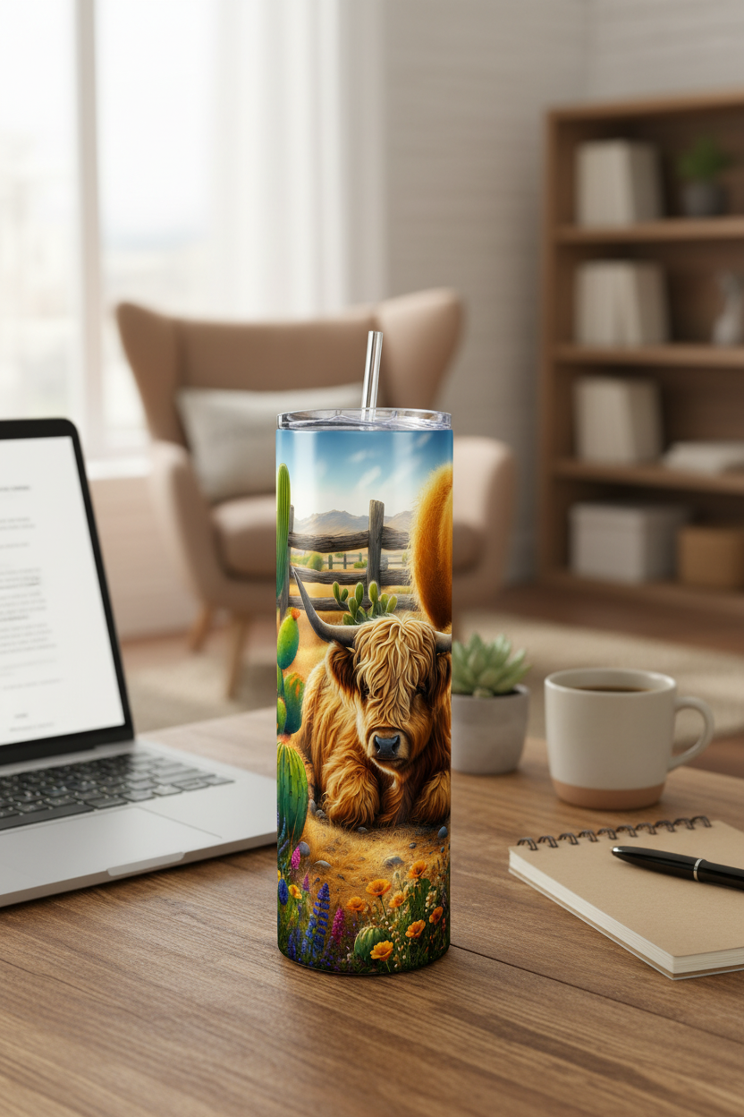 Highland Cow Cactus 20oz Skinny Tumbler with Straw