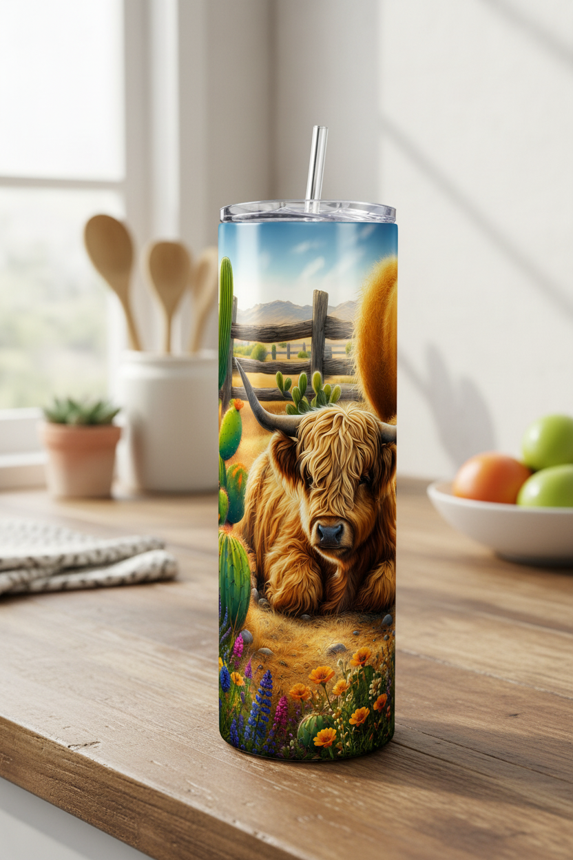 Highland Cow Cactus 20oz Skinny Tumbler with Straw
