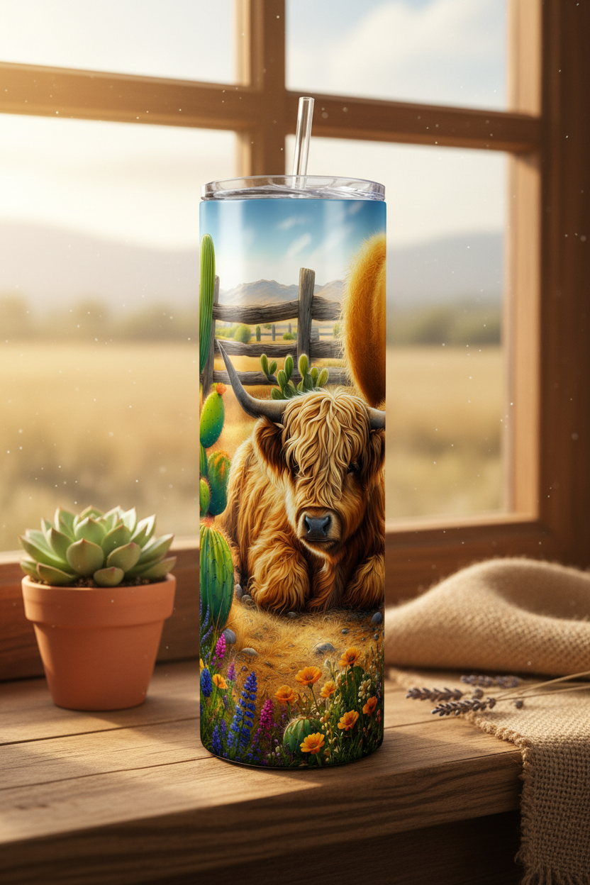 Highland Cow Cactus 20oz Skinny Tumbler with Straw