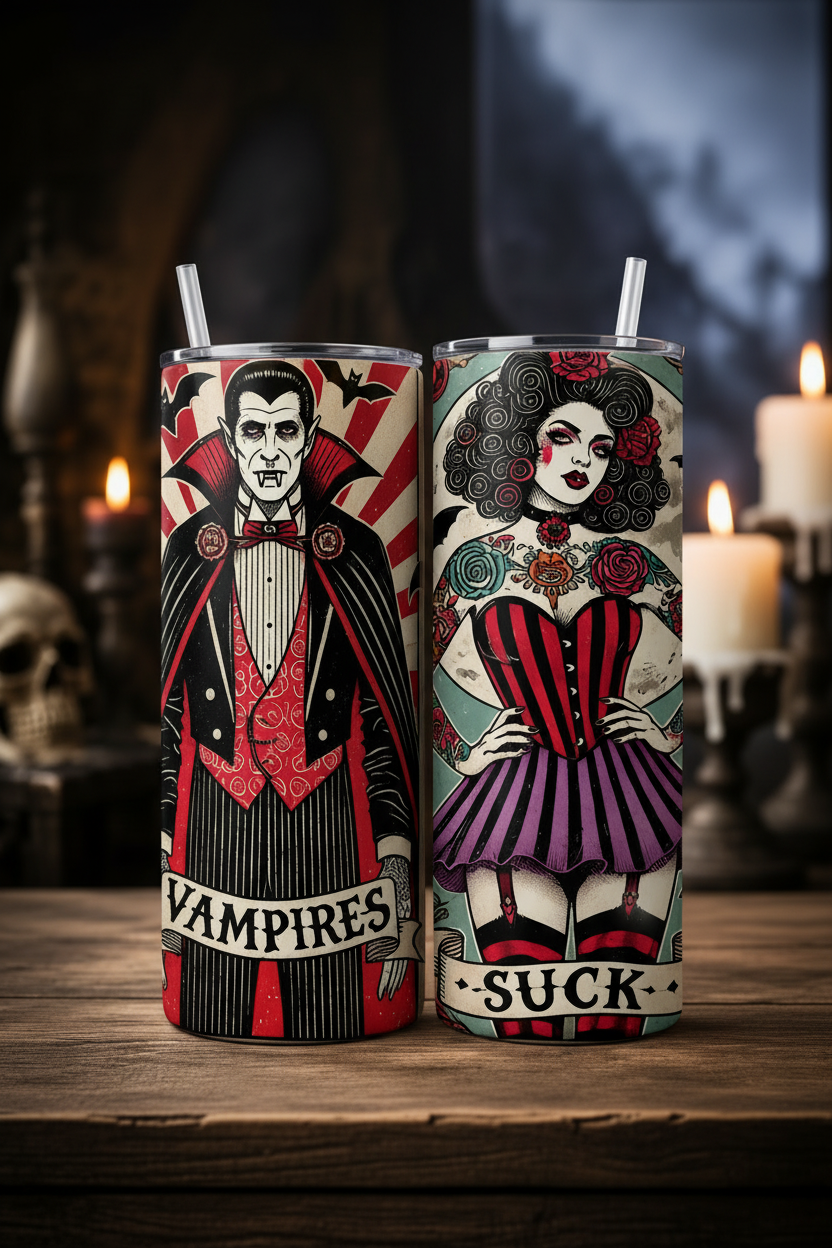Two illustrated stainless steel tumblers with straws sit on a wooden surface in a moody, candle-lit setting. The left tumbler features a vampire design with the text 'VAMPIRES' at the bottom.