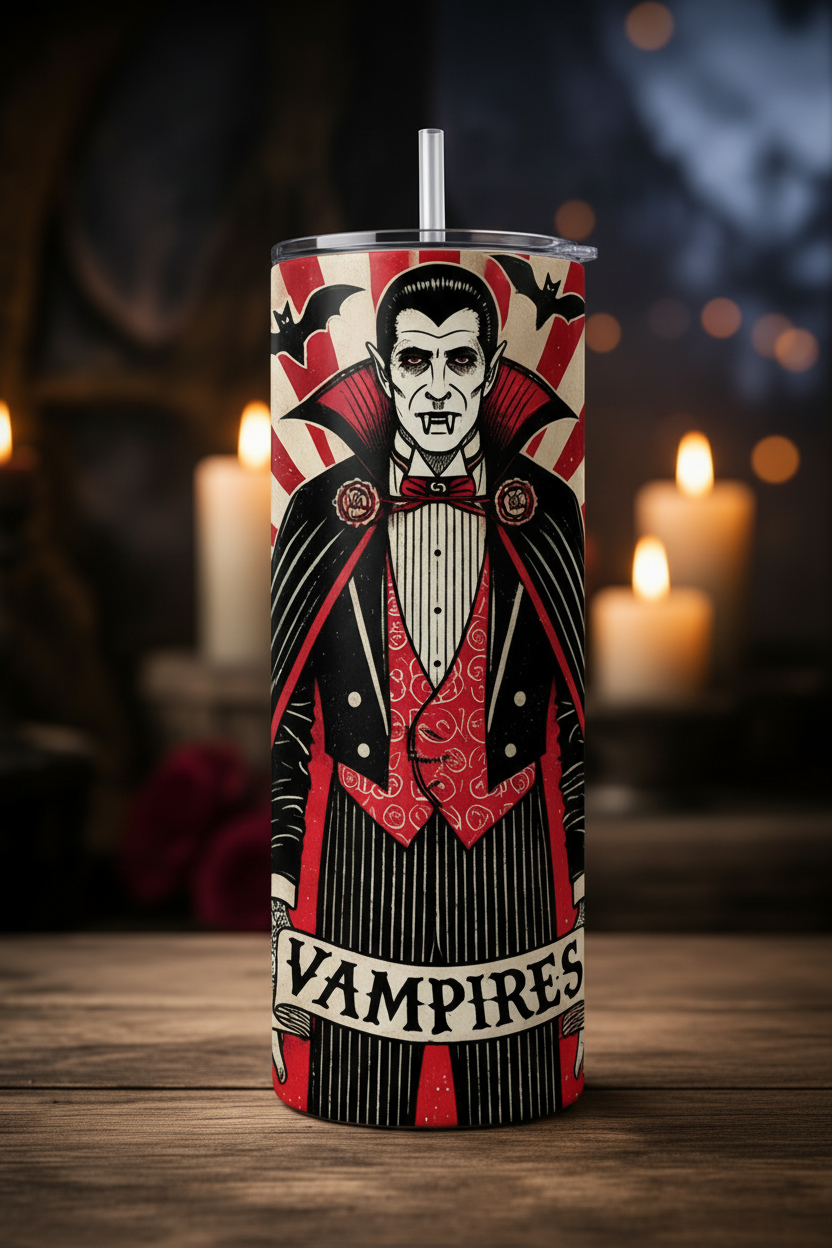 A tall insulated tumbler with a clear lid and straw stands on a wooden surface. The tumbler features a graphic illustration of a vampire in a black and red suit with the word "VAMPIRES" printed on a banner at the bottom.