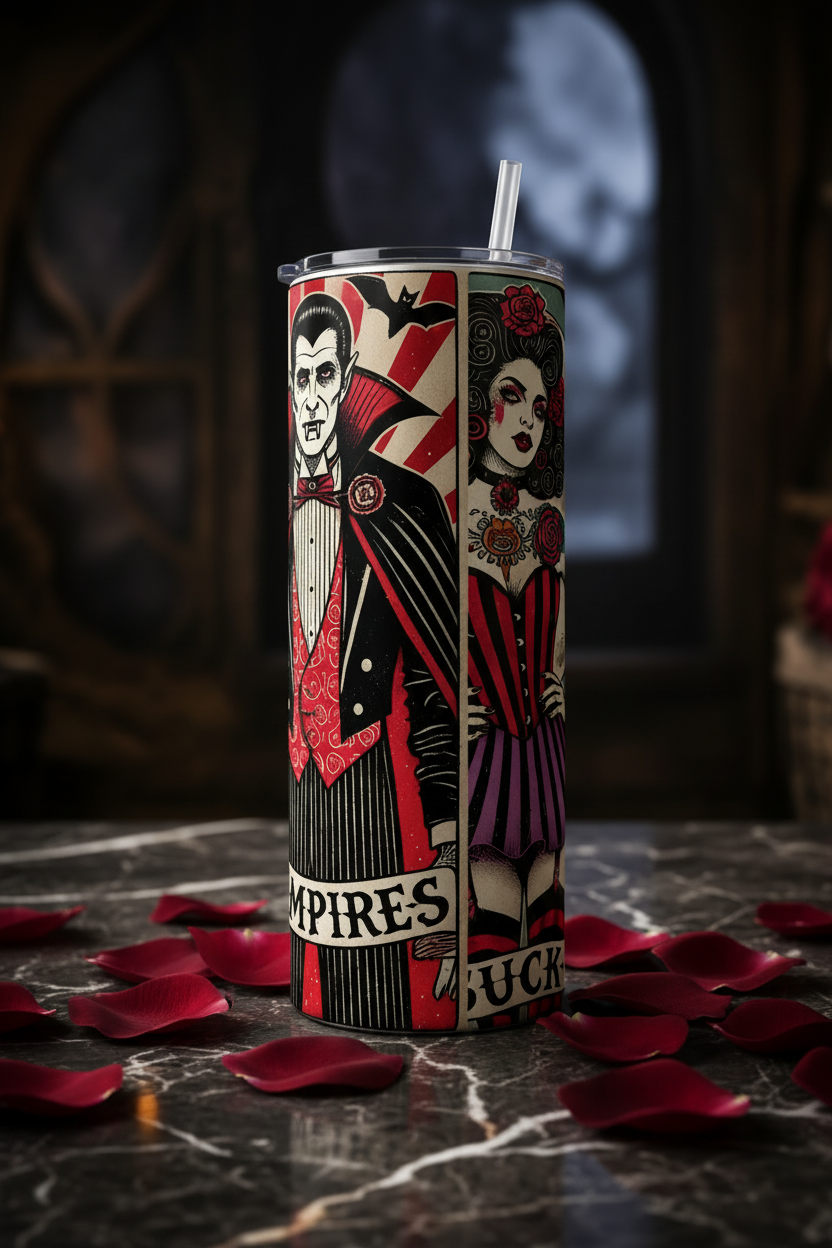 A tall insulated tumbler with a clear lid and straw, featuring a gothic vampire illustration with the words 'VAMPIRES LUCK' on a dark marble surface with scattered red rose petals.