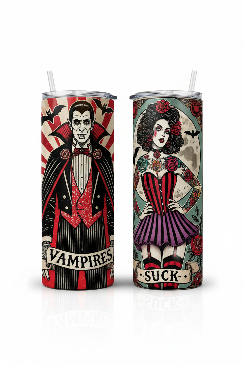 Two slim insulated tumblers with clear straws, featuring vintage-style vampire and gothic woman illustrations on a white background.