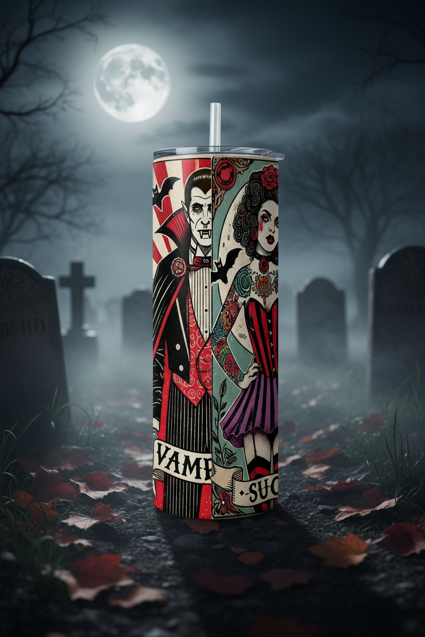 A tall insulated tumbler with a clear straw stands in a spooky graveyard scene at night under a full moon. The tumbler features a vintage-style illustrated print with a vampire and a woman, plus the words “VAMPSU” and “SUCCE” on the lower band.