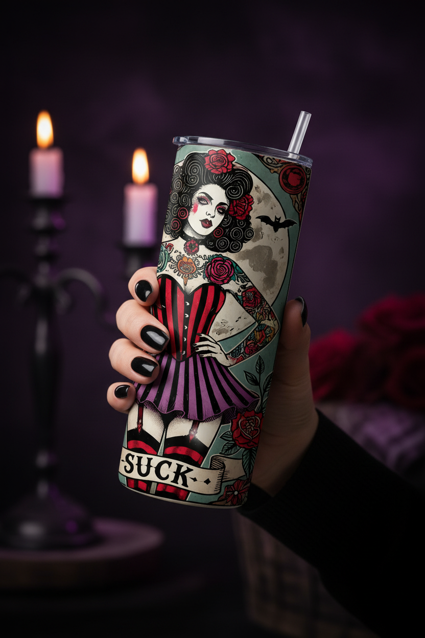 A hand with black nail polish holds a clear insulated tumbler with a straw. The tumbler features a gothic tattoo-style illustration of a woman in a red and black striped dress with roses, bats, a moon, and the word 'SUCK' at the bottom.