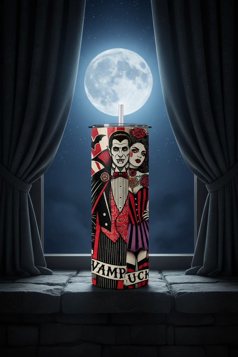 A tall skinny tumbler with a clear straw stands on a stone windowsill in front of dark curtains and a full moon. The tumbler features a graphic print of Dracula and a woman in a red and black vintage-style illustration with the text 'VAMP UCK'.
