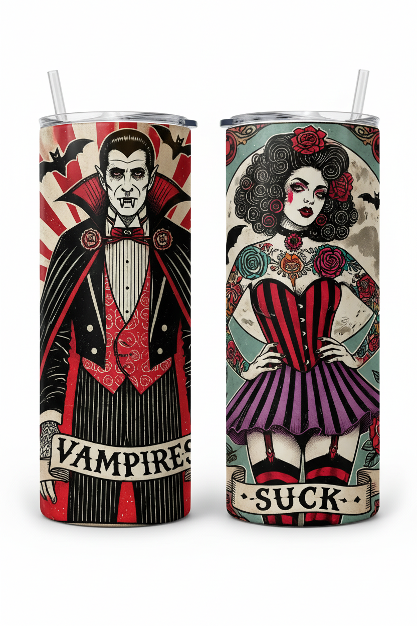 Two tall insulated tumbler cups with clear lids and straws, shown side by side on a white background. The left cup features a vampire illustration in a black cape with red accents and the text 'VAMPIRES'.