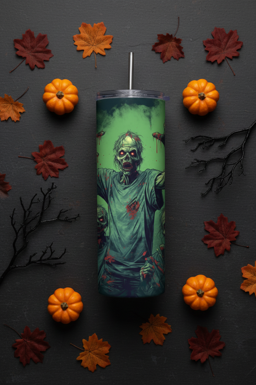 A tall insulated tumbler with a clear lid and straw, featuring a zombie graphic on a green-tinted background, styled in a flat lay with small orange pumpkins, red and orange autumn leaves, and black decorative branches on a dark gray surface.