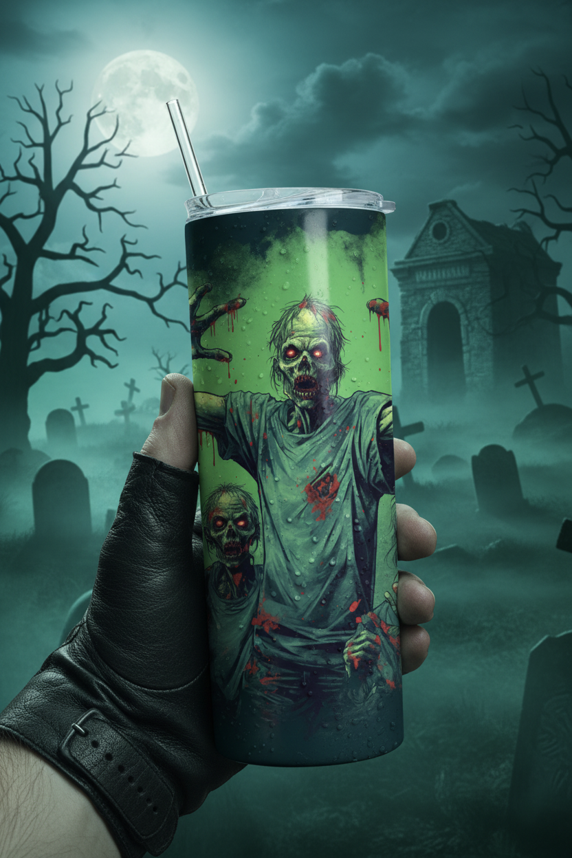 A hand wearing a black leather glove holds a clear-lidded tumbler with a straw against a spooky Halloween graveyard background. The tumbler features a printed graphic of a zombie with glowing red eyes and a bloody shirt.