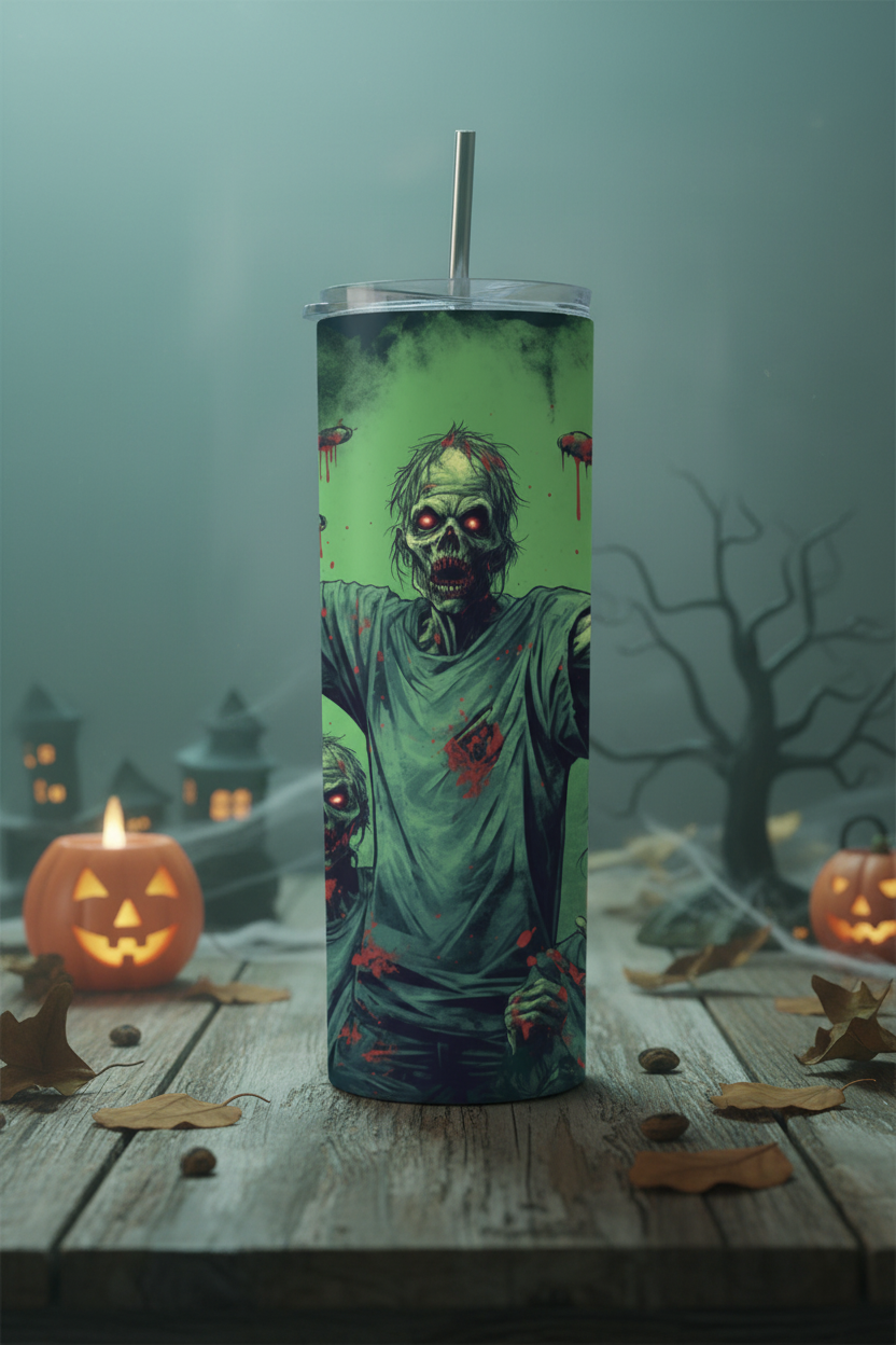 A tall insulated tumbler with a clear lid and metal straw, printed with a zombie graphic on a green foggy background. The tumbler is placed on a rustic wooden surface with Halloween decorations including jack-o'-lanterns and dry leaves in the background.