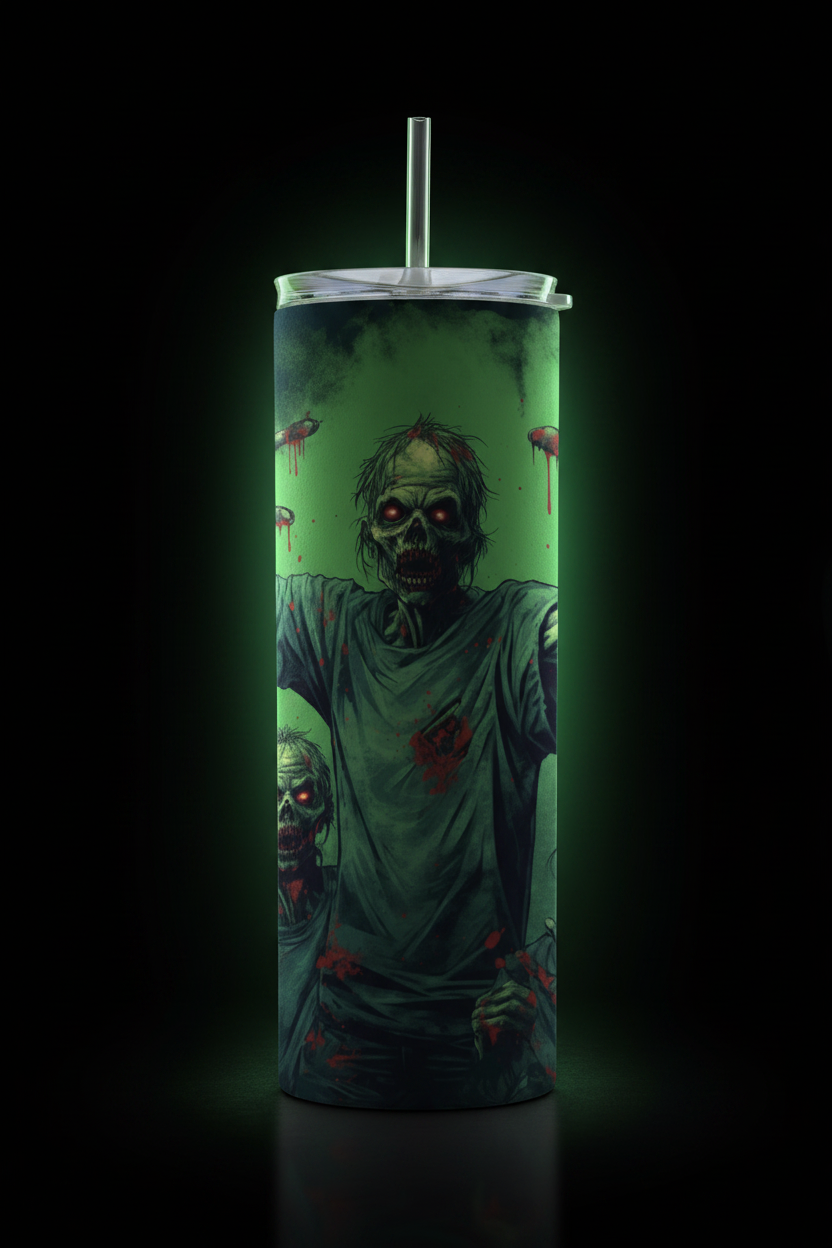 A tall insulated tumbler with a clear lid and straw, featuring a glowing green zombie graphic with red glowing eyes and blood splatters, set against a solid black background.