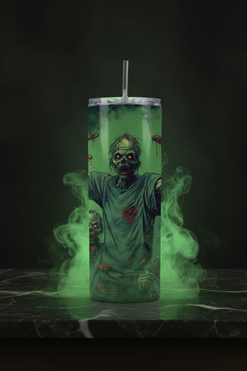 A tall insulated tumbler with a clear lid and metal straw, printed with a zombie graphic in green and red tones. The tumbler is centered on a dark marble-like surface with glowing green smoke effects around it against a black background.